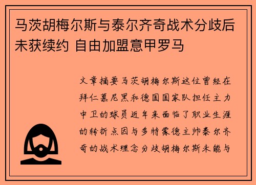 马茨胡梅尔斯与泰尔齐奇战术分歧后未获续约 自由加盟意甲罗马